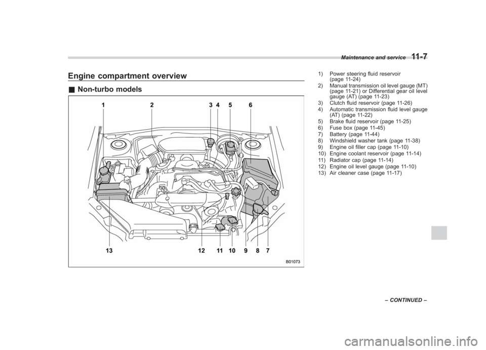 SUBARU IMPREZA WRX STI 2011 Owners Manual Black plate (367,1)
北米Model "A1110BE-C" EDITED: 2010/ 12/ 17
Engine compartment overview& Non-turbo models
1) Power steering fluid reservoir
(page 11-24)
2) Manual transmission oil level gauge (MT SUBARU IMPREZA WRX STI 2011 Owners Manual Black plate (367,1)
北米Model "A1110BE-C" EDITED: 2010/ 12/ 17
Engine compartment overview& Non-turbo models
1) Power steering fluid reservoir
(page 11-24)
2) Manual transmission oil level gauge (MT