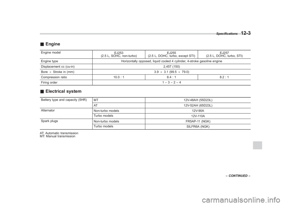 SUBARU IMPREZA WRX STI 2011 Owners Manual Black plate (419,1)
北米Model "A1110BE-C" EDITED: 2010/ 12/ 17
& EngineEngine model
EJ253
(2.5 L, SOHC, non-turbo) EJ255
(2.5 L, DOHC, turbo, except STI) EJ257
(2.5 L, DOHC, turbo, STI)
Engine type SUBARU IMPREZA WRX STI 2011 Owners Manual Black plate (419,1)
北米Model "A1110BE-C" EDITED: 2010/ 12/ 17
& EngineEngine model
EJ253
(2.5 L, SOHC, non-turbo) EJ255
(2.5 L, DOHC, turbo, except STI) EJ257
(2.5 L, DOHC, turbo, STI)
Engine type