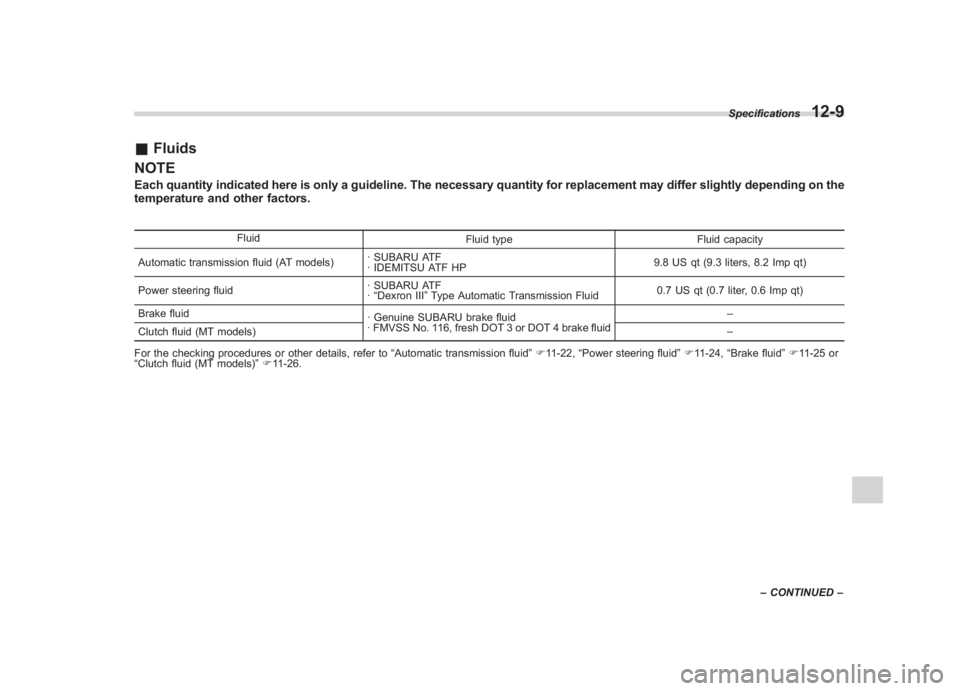 SUBARU IMPREZA WRX STI 2011 Owners Manual Black plate (425,1)
北米Model "A1110BE-C" EDITED: 2010/ 12/ 17
& Fluids
NOTEEach quantity indicated here is only a guideline. The necessary quantity for replacement may differ slightly depending on SUBARU IMPREZA WRX STI 2011 Owners Manual Black plate (425,1)
北米Model "A1110BE-C" EDITED: 2010/ 12/ 17
& Fluids
NOTEEach quantity indicated here is only a guideline. The necessary quantity for replacement may differ slightly depending on