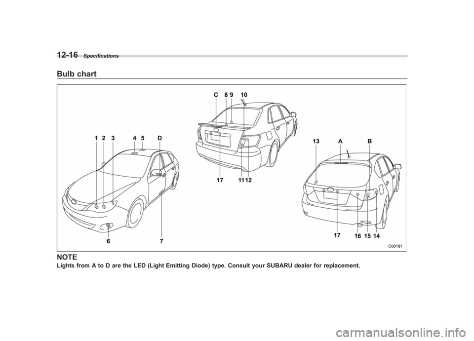 SUBARU IMPREZA WRX STI 2011  Owners Manual Black plate (432,1)
北米Model "A1110BE-C" EDITED: 2010/ 12/ 17
12-16
Specifications
Bulb chartNOTELights from A to D are the LED (Light Emitting Diode) type. Consult your SUBARU dealer for replaceme