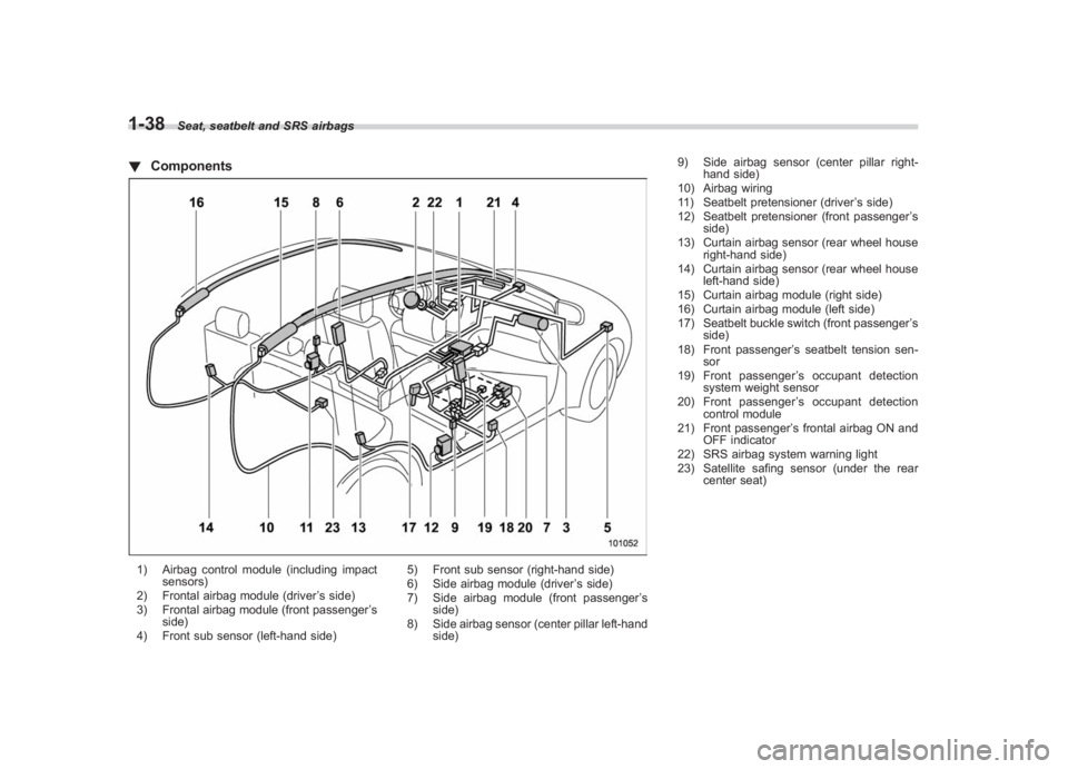 SUBARU IMPREZA WRX STI 2011  Owners Manual Black plate (68,1)
北米Model "A1110BE-C" EDITED: 2010/ 12/ 17
1-38
Seat, seatbelt and SRS airbags
! Components1) Airbag control module (including impact
sensors)
2) Frontal airbag module (driver ’
