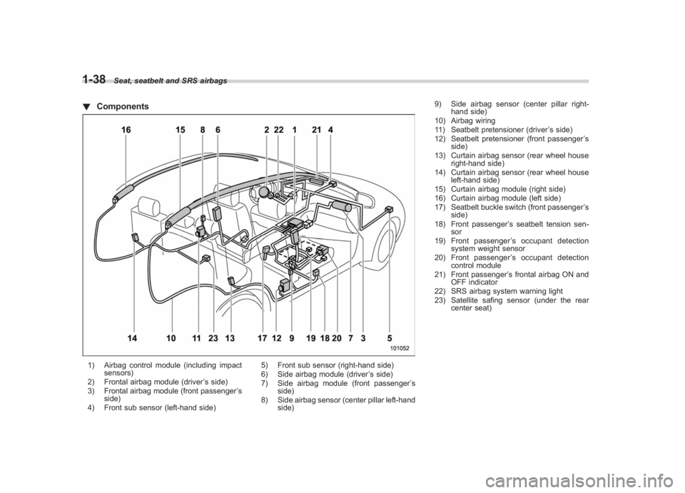 SUBARU IMPREZA WRX STI 2011 Repair Manual Black plate (68,1)
北米Model "A1110BE-C" EDITED: 2010/ 12/ 17
1-38
Seat, seatbelt and SRS airbags
! Components1) Airbag control module (including impact
sensors)
2) Frontal airbag module (driver ’ SUBARU IMPREZA WRX STI 2011 Repair Manual Black plate (68,1)
北米Model "A1110BE-C" EDITED: 2010/ 12/ 17
1-38
Seat, seatbelt and SRS airbags
! Components1) Airbag control module (including impact
sensors)
2) Frontal airbag module (driver ’