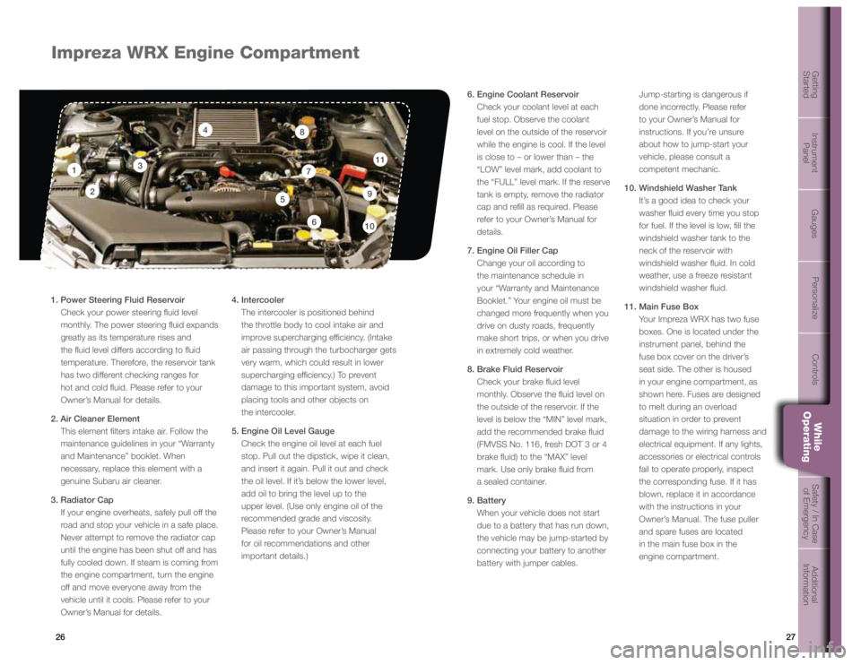SUBARU IMPREZA WRX STI 2012 Owners Manual 27
26
Getting
Started Instrument
Panel Gauges
Personalize Controls While
OperatingSafety / In Case
of Emergency Additional
Information
Impreza WRX Engine Compartment
1
1. Power Steering Fluid SUBARU IMPREZA WRX STI 2012 Owners Manual 27
26
Getting
Started Instrument
Panel Gauges
Personalize Controls While
OperatingSafety / In Case
of Emergency Additional
Information
Impreza WRX Engine Compartment
1
1. Power Steering Fluid