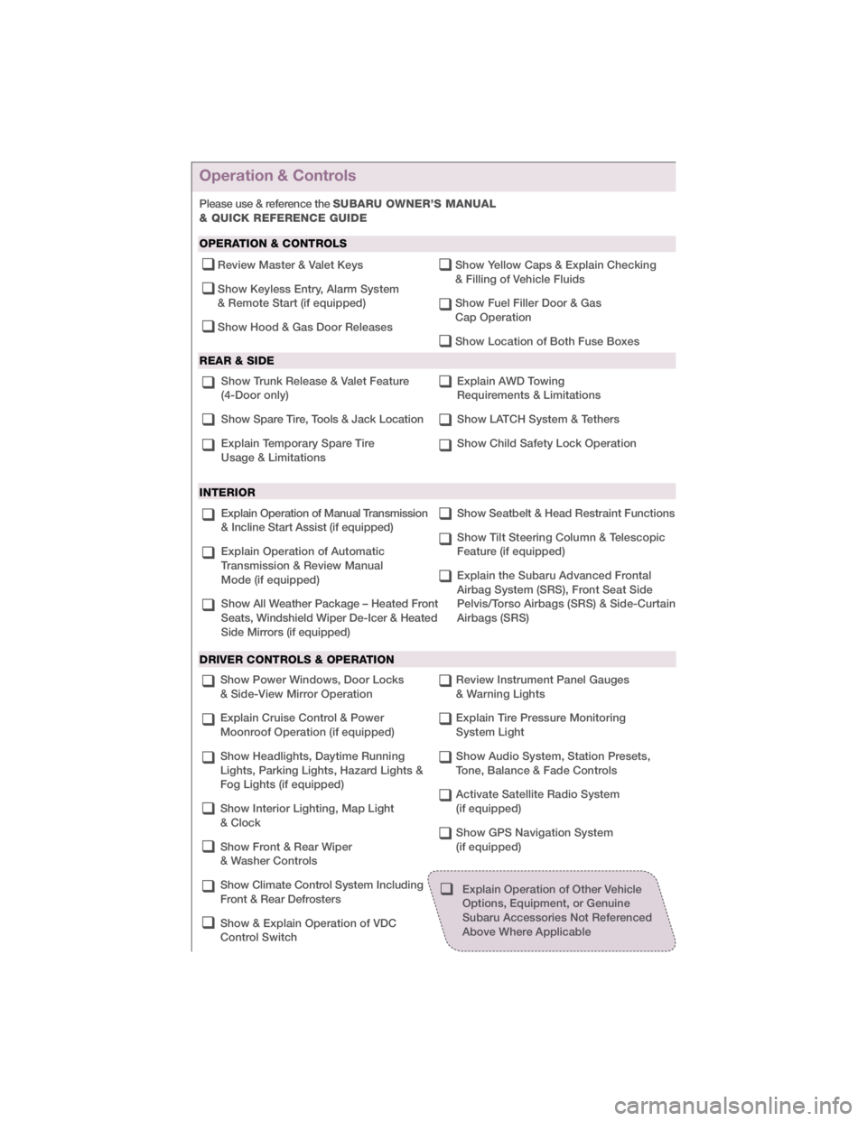 SUBARU IMPREZA WRX STI 2012  Owners Manual Explain Operation of Manual Transmission  
& Incline Start Assist (if equipped)
Explain Operation of Automatic 
Transmission & Review Manual  
Mode (if equipped) 
Show All Weather Package – Heated F