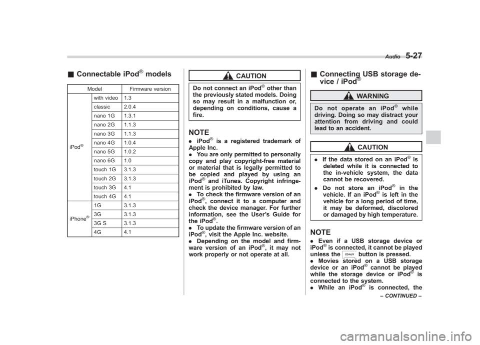 SUBARU IMPREZA WRX STI 2012 Owners Manual Black plate (211,1)
北米Model "A1130BE-A" EDITED: 2011/ 6/ 7
& Connectable iPod
®models
Model Firmware version
iPod
®
with video 1.3
classic 2.0.4
nano 1G 1.3.1
nano 2G 1.1.3
nano 3G 1.1.3
nano 4G SUBARU IMPREZA WRX STI 2012 Owners Manual Black plate (211,1)
北米Model "A1130BE-A" EDITED: 2011/ 6/ 7
& Connectable iPod
®models
Model Firmware version
iPod
®
with video 1.3
classic 2.0.4
nano 1G 1.3.1
nano 2G 1.1.3
nano 3G 1.1.3
nano 4G