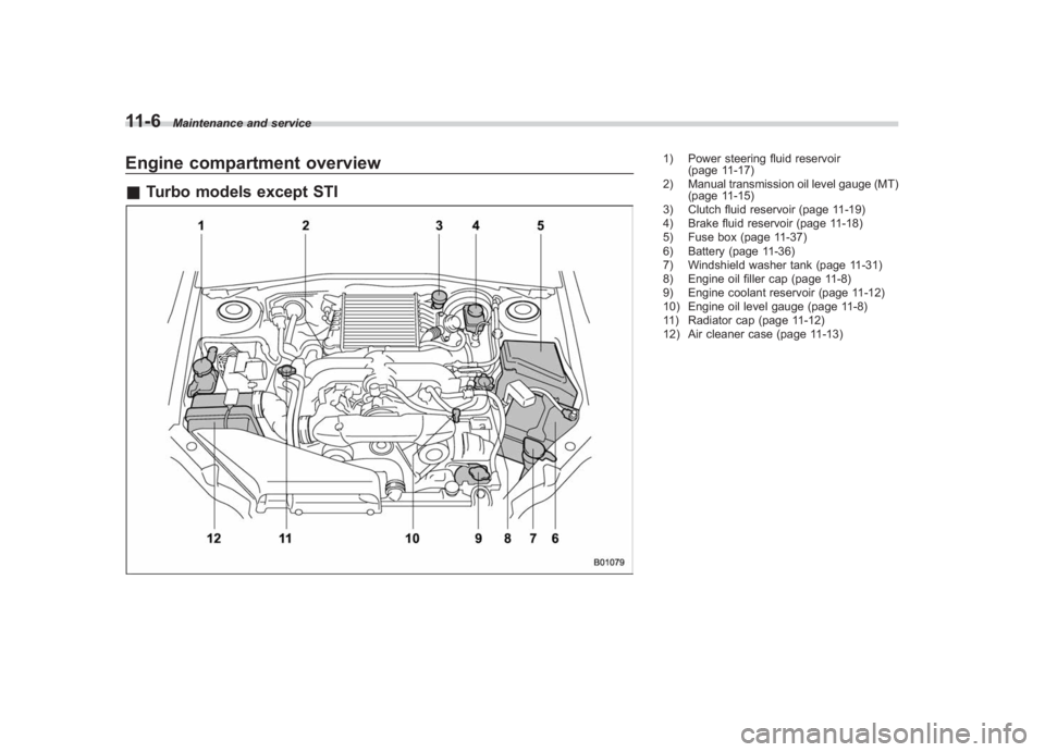 SUBARU IMPREZA WRX STI 2012 Owners Manual Black plate (336,1)
北米Model "A1130BE-A" EDITED: 2011/ 6/ 7
11-6
Maintenance and service
Engine compartment overview& Turbo models except STI
1) Power steering fluid reservoir
(page 11-17)
2) Manua SUBARU IMPREZA WRX STI 2012 Owners Manual Black plate (336,1)
北米Model "A1130BE-A" EDITED: 2011/ 6/ 7
11-6
Maintenance and service
Engine compartment overview& Turbo models except STI
1) Power steering fluid reservoir
(page 11-17)
2) Manua