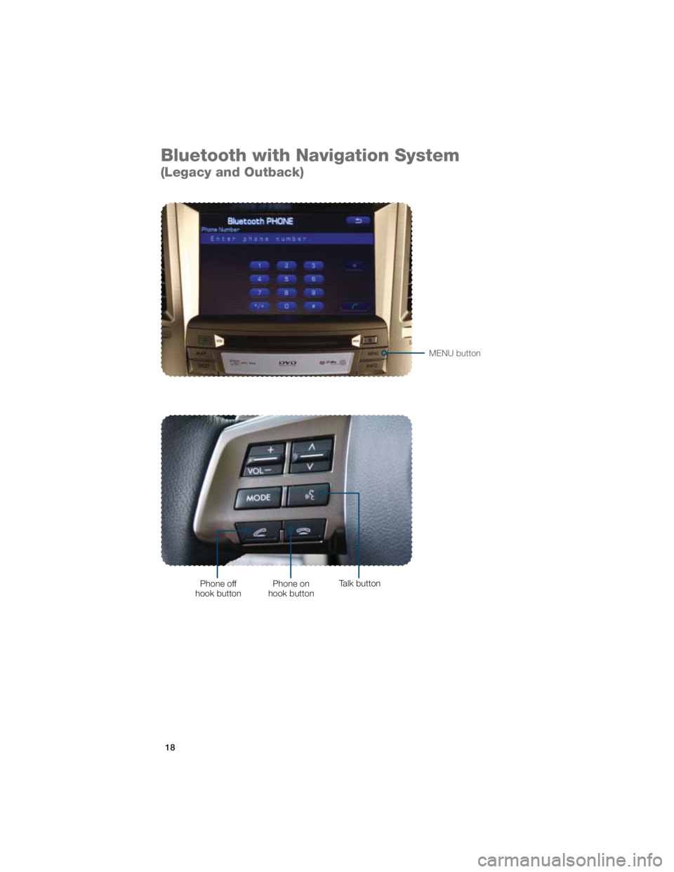 SUBARU IMPREZA WRX STI 2012 Owners Guide 18
Bluetooth with Navigation System   
(Legacy and Outback) 
Phone off 
hook button Phone on 
hook button Talk button
MENU button 