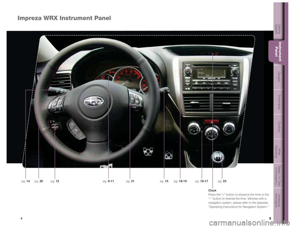 SUBARU IMPREZA WRX STI 2012  Owners Manual 5
Getting  
Started Instrument  
Panel Gauges
Personalize Controls While  
OperatingSafety / In Case 
of Emergency Additional 
Information
4 5Impreza WRX Instrument Panel
5
GetGttintigStartedInstrumen