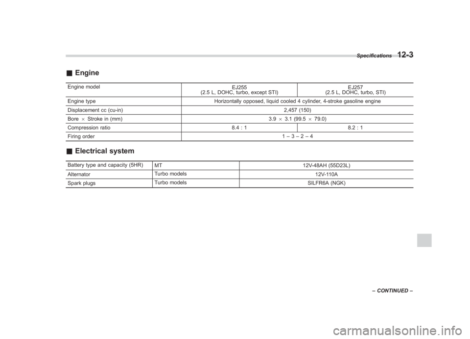 SUBARU IMPREZA WRX STI 2012  Owners Manual Black plate (381,1)
北米Model "A1130BE-A" EDITED: 2011/ 6/ 7
& EngineEngine model
EJ255
(2.5 L, DOHC, turbo, except STI) EJ257
(2.5 L, DOHC, turbo, STI)
Engine type Horizontally opposed, liquid cool