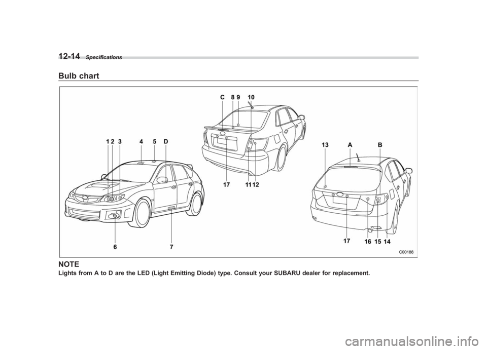 SUBARU IMPREZA WRX STI 2012  Owners Manual Black plate (392,1)
北米Model "A1130BE-A" EDITED: 2011/ 6/ 7
12-14
Specifications
Bulb chartNOTELights from A to D are the LED (Light Emitting Diode) type. Consult your SUBARU dealer for replacement