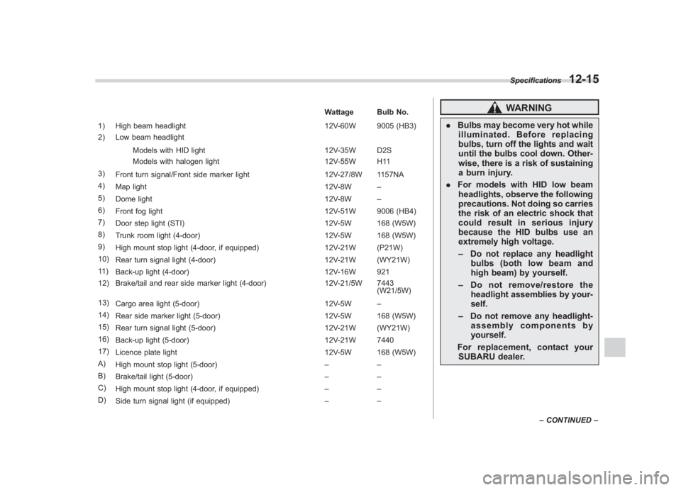 SUBARU IMPREZA WRX STI 2012 Owners Manual Black plate (393,1)
北米Model "A1130BE-A" EDITED: 2011/ 6/ 7
Wattage Bulb No.
1) High beam headlight 12V-60W 9005 (HB3)
2) Low beam headlight
Models with HID light 12V-35W D2S
Models with halogen li SUBARU IMPREZA WRX STI 2012 Owners Manual Black plate (393,1)
北米Model "A1130BE-A" EDITED: 2011/ 6/ 7
Wattage Bulb No.
1) High beam headlight 12V-60W 9005 (HB3)
2) Low beam headlight
Models with HID light 12V-35W D2S
Models with halogen li