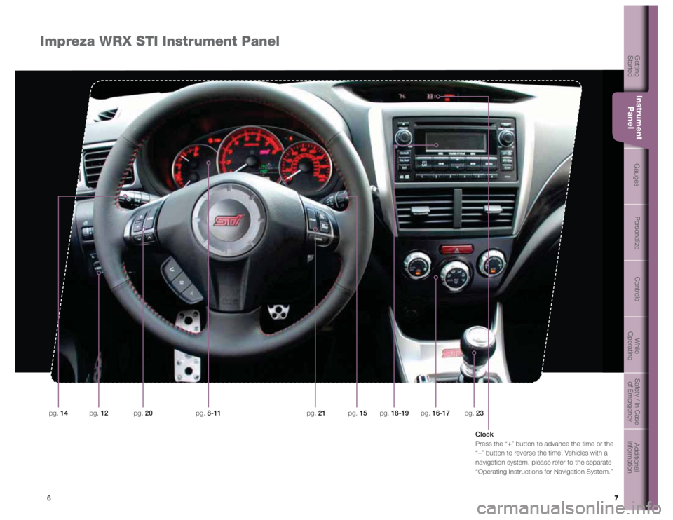 SUBARU IMPREZA WRX STI 2012  Owners Manual 7
Getting  
Started Instrument  
Panel Gauges
Personalize Controls While  
OperatingSafety / In Case 
of Emergency Additional 
Information
6 7Impreza WRX STI Instrument Panel
7
GetGttintigStartedInstr