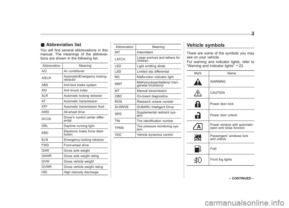 SUBARU IMPREZA WRX STI 2012  Owners Manual Black plate (5,1)
北米Model "A1130BE-A" EDITED: 2011/ 6/ 7
& Abbreviation listYou will find several abbreviations in this
manual. The meanings of the abbrevia-
tions are shown in the following list.