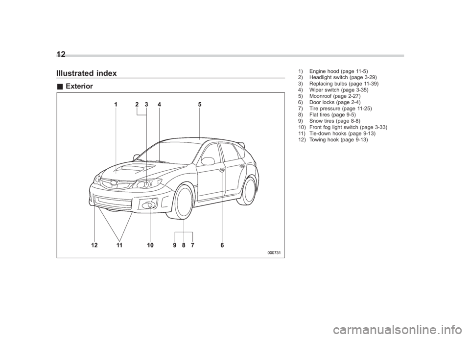 SUBARU IMPREZA WRX STI 2012 Repair Manual Black plate (14,1)
北米Model "A1130BE-A" EDITED: 2011/ 6/ 7
12Illustrated index& Exterior
1) Engine hood (page 11-5)
2) Headlight switch (page 3-29)
3) Replacing bulbs (page 11-39)
4) Wiper switch (