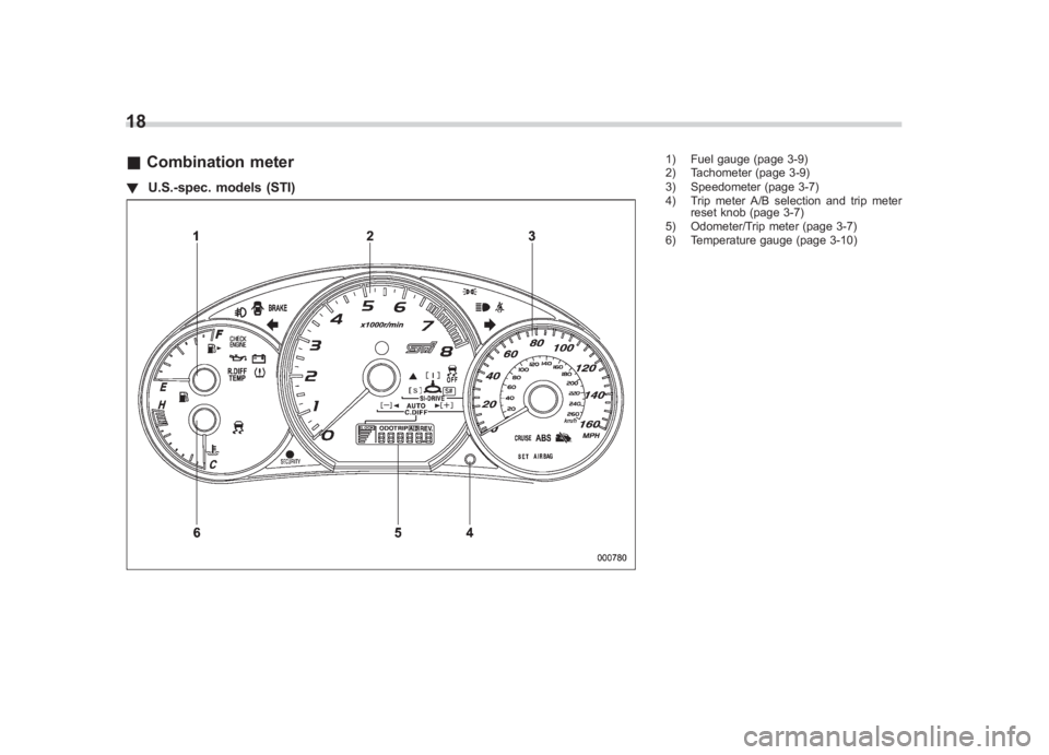 SUBARU IMPREZA WRX STI 2012 Repair Manual Black plate (20,1)
北米Model "A1130BE-A" EDITED: 2011/ 6/ 7
18& Combination meter! U.S.-spec. models (STI)
1) Fuel gauge (page 3-9)
2) Tachometer (page 3-9)
3) Speedometer (page 3-7)
4) Trip meter A