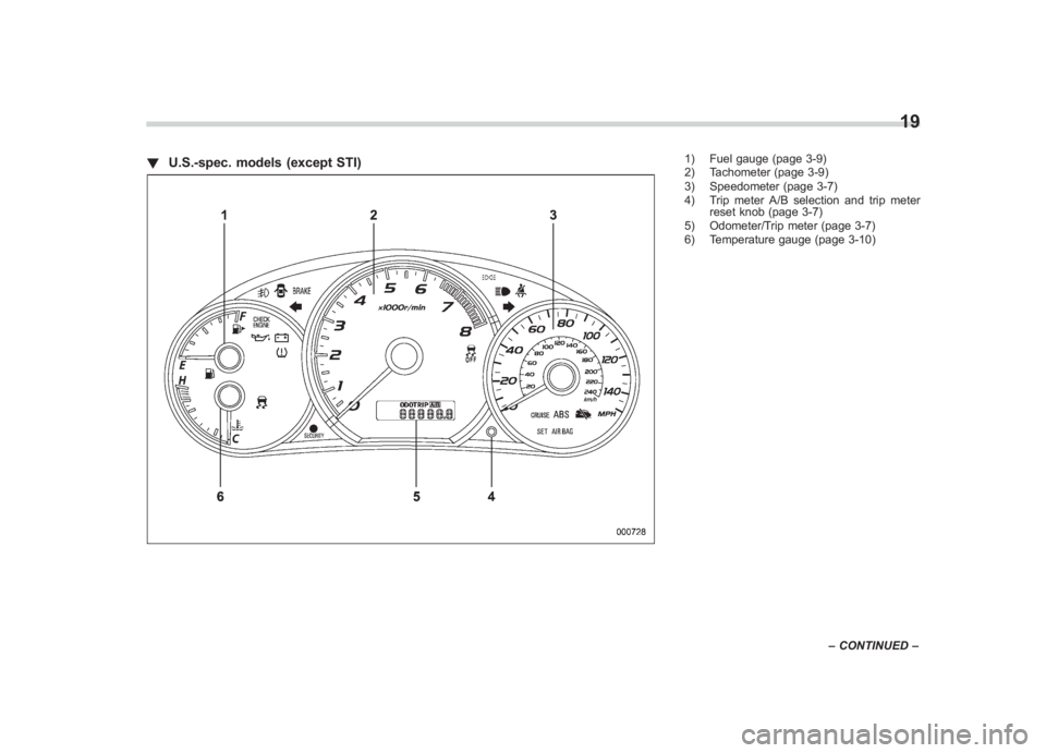 SUBARU IMPREZA WRX STI 2012 Repair Manual Black plate (21,1)
北米Model "A1130BE-A" EDITED: 2011/ 6/ 7
! U.S.-spec. models (except STI)
1) Fuel gauge (page 3-9)
2) Tachometer (page 3-9)
3) Speedometer (page 3-7)
4) Trip meter A/B selection a