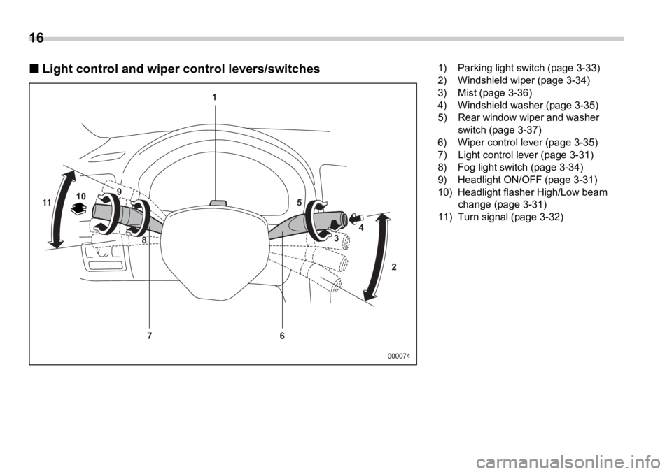 SUBARU OUTBACK 2006 User Guide 16  
�„ Light control and wiper control levers/switches 1
6711 10 9
8
23 45
0000741) Parking light switch (page 3-33)
2) Windshield wiper (page 3-34)
3) Mist (page 3-36)
4) Windshield washer (page 3