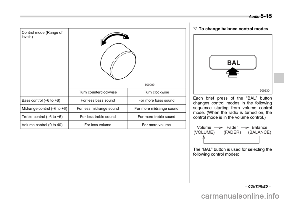 SUBARU OUTBACK 2006  Owners Manual Audio 
5-15
–  CONTINUED  –Control mode (Range of 
levels)
Turn counterclockw ise Turn clockwise
Bass control (–6 to +6) For less bass sound For more bass sound
Midrange control (–6 to +6) For