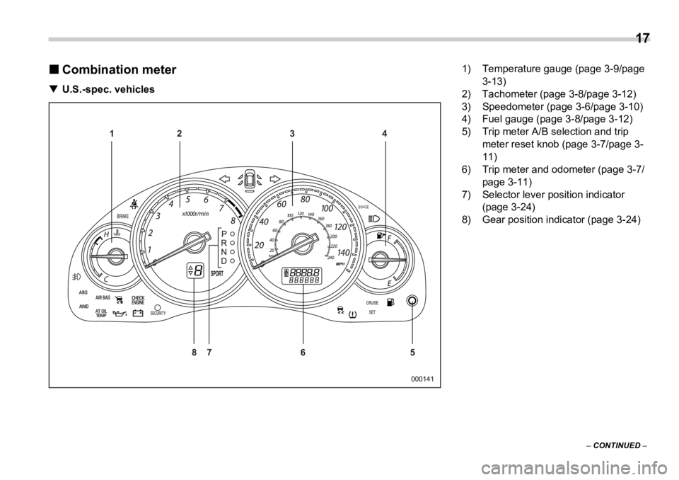 SUBARU OUTBACK 2006 User Guide  
17
–  CONTINUED  –�„ Combination meter�T U.S.-spec. vehicles
00014112 3
56 4
87 1) Temperature gauge (page 3-9/page 
3-13)
2) Tachometer (page 3-8/page 3-12)
3) Speedometer (page 3-6/page 3-10