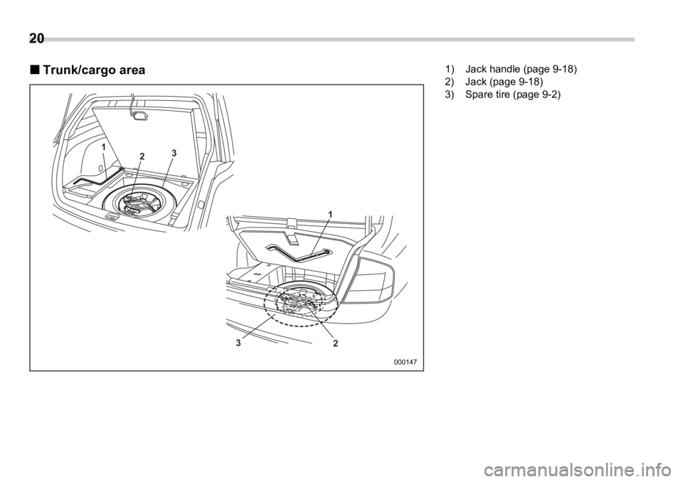 SUBARU OUTBACK 2006 Owners Manual 20  
�„ Trunk/cargo area 1
3
2
23 1
0001471) Jack handle (page 9-18)
2) Jack (page 9-18)
3) Spare tire (page 9-2) 