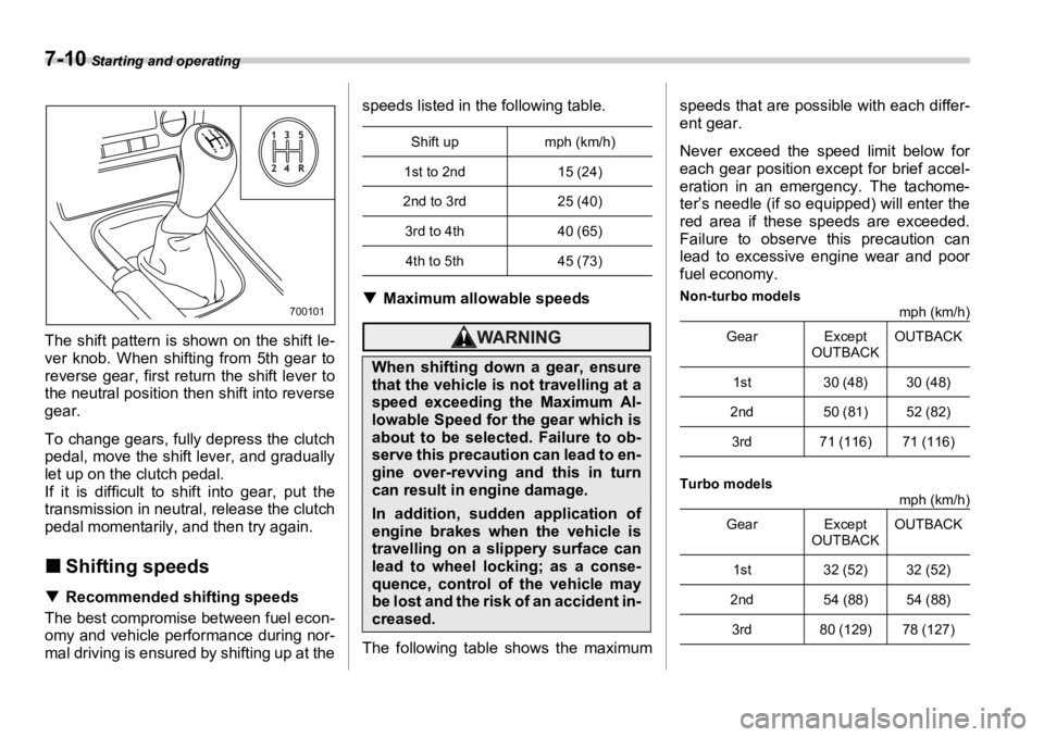 SUBARU OUTBACK 2006  Owners Manual 7-10  Starting and operating
The shift pattern is shown on the shift le-
ver knob. When shifting from 5th gear to
reverse gear, first retu rn the shift lever to
the neutral position then shift into re