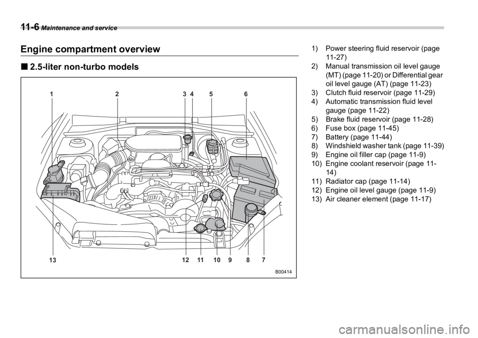 SUBARU OUTBACK 2006  Owners Manual 11 - 6  Maintenance and service
Engine compartment overview �„ 2.5-liter non-turbo models 12 3 4 56
7891011
13 12 B004141) Power steering fluid reservoir (page 
11-27)
2) Manual transmission oil lev