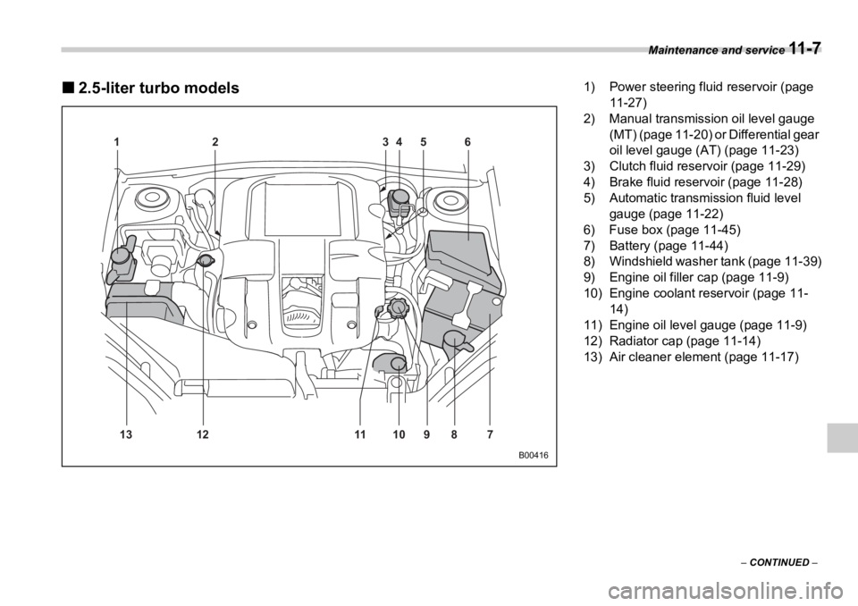 SUBARU OUTBACK 2006  Owners Manual Maintenance and service 
11 - 7
–  CONTINUED  –�„ 2.5-liter turbo models 12 4635
13 12 11 10 9 8 7 B004161) Power steering fluid reservoir (page 
11-27)
2) Manual transmission oil level gauge 
(