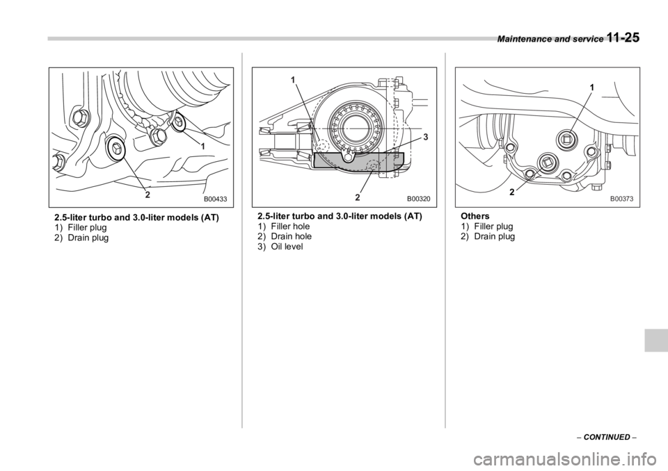 SUBARU OUTBACK 2006  Owners Manual Maintenance and service 
11 - 2 5
–  CONTINUED  –2.5-liter turbo and 3.0-liter models (AT)
1) Filler plug
2) Drain plug 2.5-liter turbo and 3.0-liter models (AT)
1) Filler hole
2) Drain hole
3) Oi