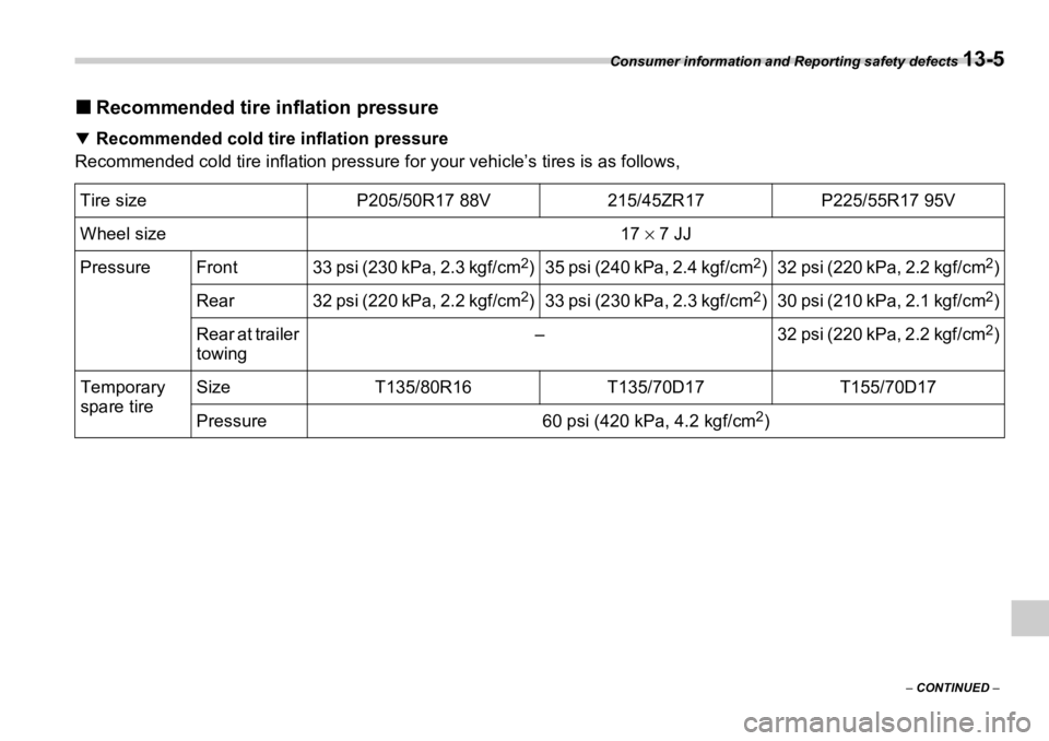 SUBARU OUTBACK 2006  Owners Manual Consumer information and Reporting safety defects 
13-5
–  CONTINUED  –�„ Recommended tire inflation pressure�T
Recommended cold tire inflation pressure
Recommended cold tire inflation pressure 