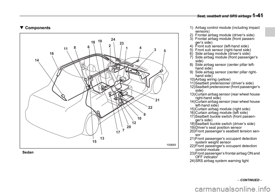 SUBARU OUTBACK 2006 Repair Manual Seat, seatbelt and SRS airbags 
1-41
–  CONTINUED  –�T Components
Sedan  12
34
56 18 19 24
23
8
11
1314 16
15 21
22
9
7 10
12
20
17 1006691) Airbag control module (including impact 
sensors)
2) Fr