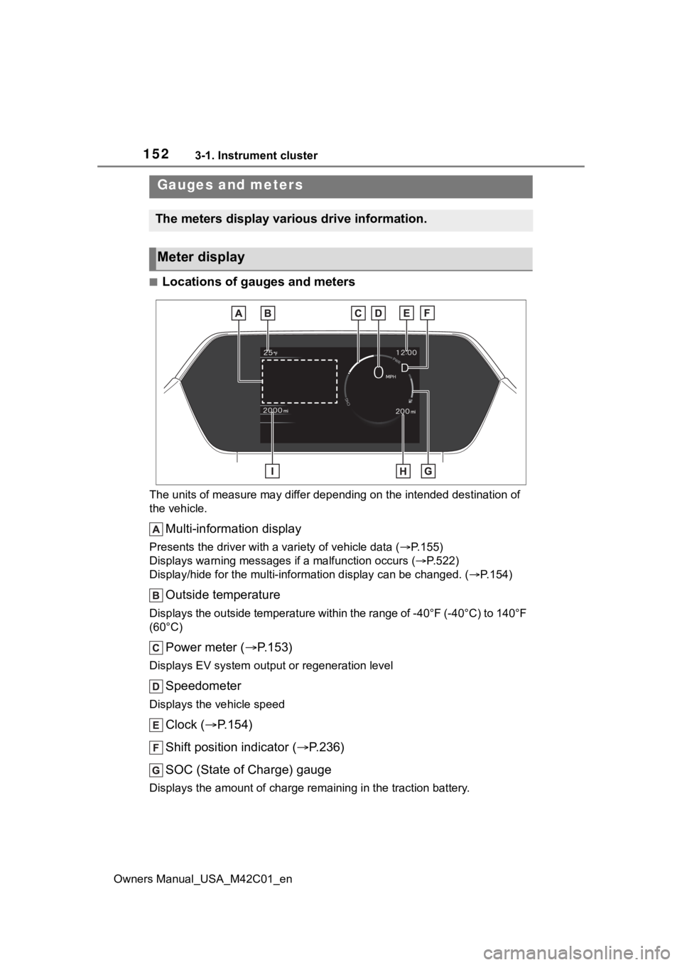 SUBARU SOLTERRA 2023 Owners Manual 1523-1. Instrument cluster
Owners Manual_USA_M42C01_en
■Locations of gauges and meters
The units of measure may differ depending on the intended destination of
the vehicle.
Multi-information displa SUBARU SOLTERRA 2023 Owners Manual 1523-1. Instrument cluster
Owners Manual_USA_M42C01_en
■Locations of gauges and meters
The units of measure may differ depending on the intended destination of
the vehicle.
Multi-information displa