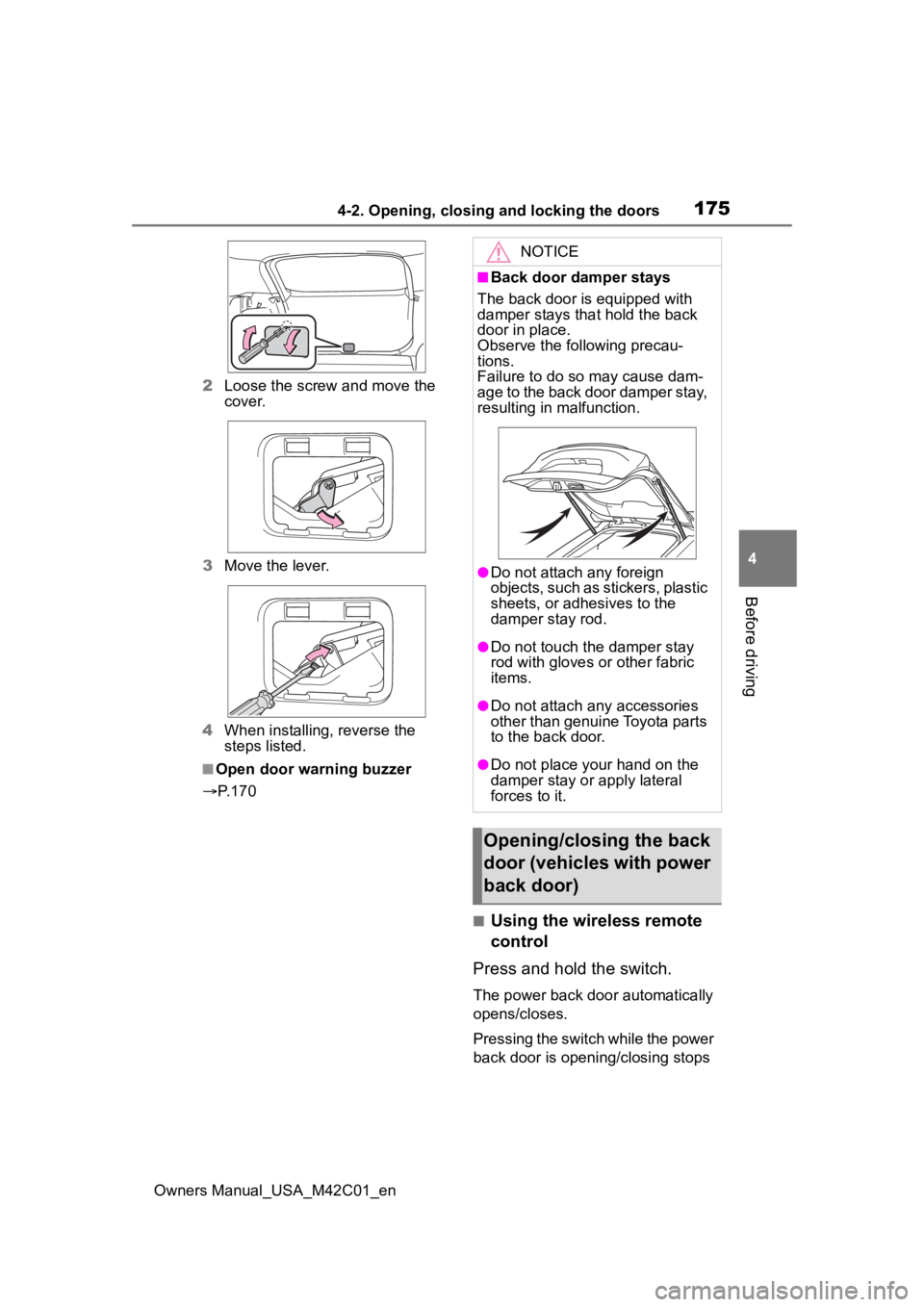 SUBARU SOLTERRA 2023 Owners Manual 1754-2. Opening, closing and locking the doors
Owners Manual_USA_M42C01_en
4
Before driving
2 Loose the screw and move the
cover.
3 Move the lever.
4 When installing, reverse the
steps listed.
■Op SUBARU SOLTERRA 2023 Owners Manual 1754-2. Opening, closing and locking the doors
Owners Manual_USA_M42C01_en
4
Before driving
2 Loose the screw and move the
cover.
3 Move the lever.
4 When installing, reverse the
steps listed.
■Op
