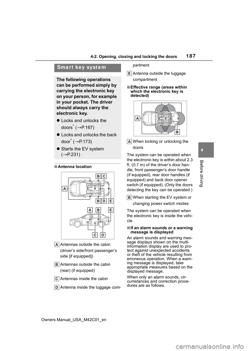 SUBARU SOLTERRA 2023  Owners Manual 1874-2. Opening, closing and locking the doors
Owners Manual_USA_M42C01_en
4
Before driving
■Antenna location Antennas outside the cabin 
(driver’s side/front passenger’s 
side [if equipped])
An