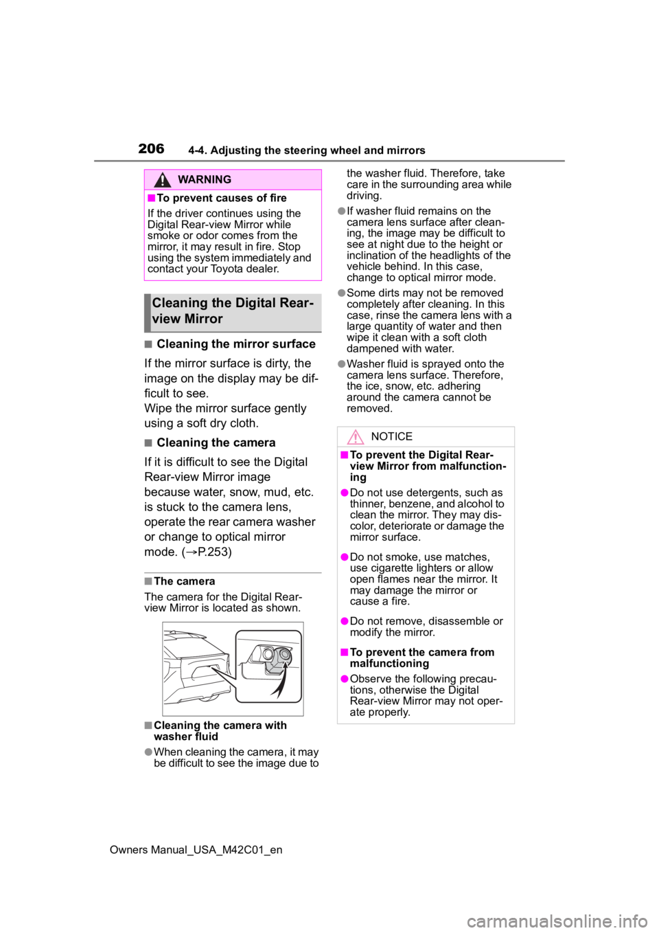 SUBARU SOLTERRA 2023 Owners Manual 2064-4. Adjusting the steering wheel and mirrors
Owners Manual_USA_M42C01_en
■Cleaning the mirror surface
If the mirror surface is dirty, the
image on the display may be dif-
ficult to see.
Wipe th SUBARU SOLTERRA 2023 Owners Manual 2064-4. Adjusting the steering wheel and mirrors
Owners Manual_USA_M42C01_en
■Cleaning the mirror surface
If the mirror surface is dirty, the
image on the display may be dif-
ficult to see.
Wipe th