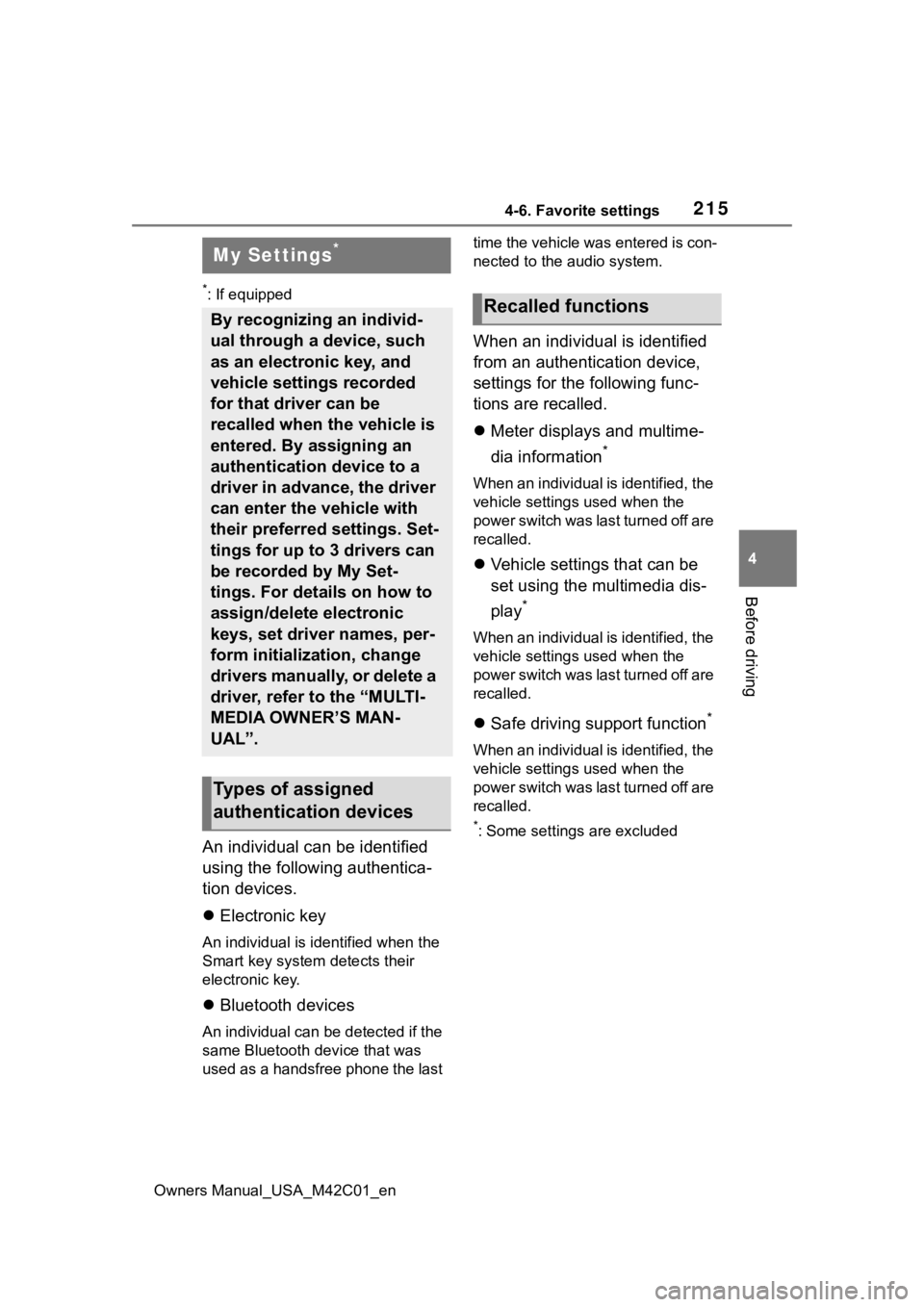 SUBARU SOLTERRA 2023 Owners Manual 2154-6. Favorite settings
Owners Manual_USA_M42C01_en
4
Before driving
4-6.Favorite settings
*: If equipped
An individual can be identified
using the following authentica-
tion devices.
Electroni SUBARU SOLTERRA 2023 Owners Manual 2154-6. Favorite settings
Owners Manual_USA_M42C01_en
4
Before driving
4-6.Favorite settings
*: If equipped
An individual can be identified
using the following authentica-
tion devices.
Electroni