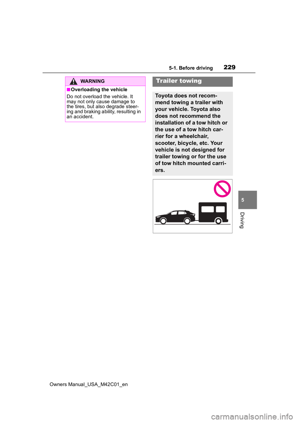 SUBARU SOLTERRA 2023  Owners Manual 2295-1. Before driving
Owners Manual_USA_M42C01_en
5
Driving
WARNING
■Overloading the vehicle
Do not overload the vehicle. It 
may not only cause damage to 
the tires, but also degrade steer-
ing an