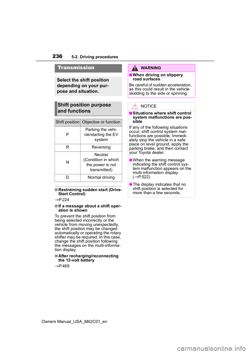 SUBARU SOLTERRA 2023 Owners Manual 2365-2. Driving procedures
Owners Manual_USA_M42C01_en
■Restraining sudden start (Drive-
Start Control)
P. 2 2 4
■If a message about a shift oper-
ation is shown
To prevent the shift position SUBARU SOLTERRA 2023 Owners Manual 2365-2. Driving procedures
Owners Manual_USA_M42C01_en
■Restraining sudden start (Drive-
Start Control)
P. 2 2 4
■If a message about a shift oper-
ation is shown
To prevent the shift position