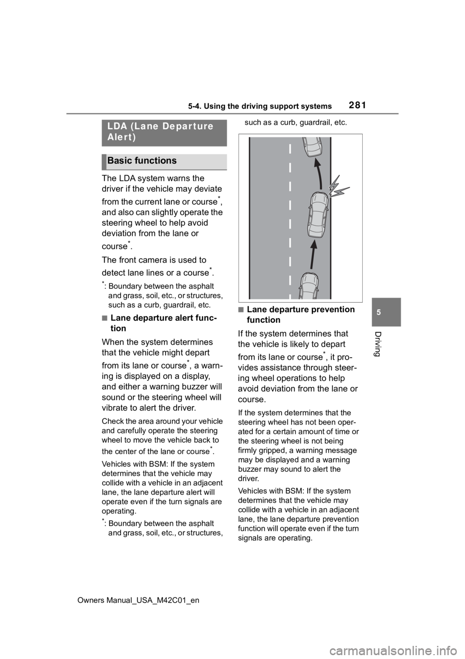 SUBARU SOLTERRA 2023  Owners Manual 2815-4. Using the driving support systems
Owners Manual_USA_M42C01_en
5
Driving
The LDA system warns the 
driver if the vehicle may deviate 
from the current lane or course
*, 
and also can slightly o