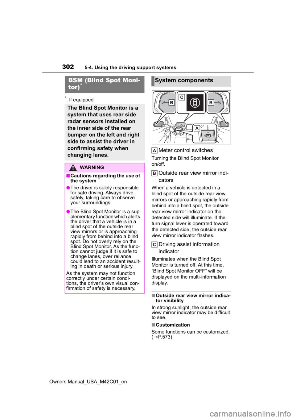 SUBARU SOLTERRA 2023 Owners Manual 3025-4. Using the driving support systems
Owners Manual_USA_M42C01_en
*: If equipped
Meter control switches
Turning the Blind Spot Monitor
on/off.
Outside rear view mirror indi-
cators
When a vehicle SUBARU SOLTERRA 2023 Owners Manual 3025-4. Using the driving support systems
Owners Manual_USA_M42C01_en
*: If equipped
Meter control switches
Turning the Blind Spot Monitor
on/off.
Outside rear view mirror indi-
cators
When a vehicle