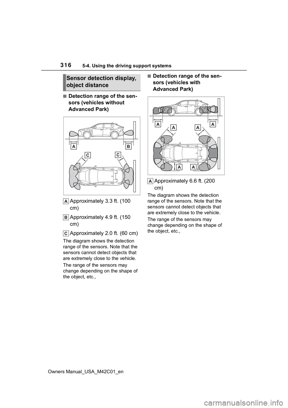 SUBARU SOLTERRA 2023 Owners Manual 3165-4. Using the driving support systems
Owners Manual_USA_M42C01_en
■Detection range of the sen-
sors (vehicles without
Advanced Park)Approximately 3.3 ft. (100
cm)
Approximately 4.9 ft. (150
c SUBARU SOLTERRA 2023 Owners Manual 3165-4. Using the driving support systems
Owners Manual_USA_M42C01_en
■Detection range of the sen-
sors (vehicles without
Advanced Park)Approximately 3.3 ft. (100
cm)
Approximately 4.9 ft. (150
c