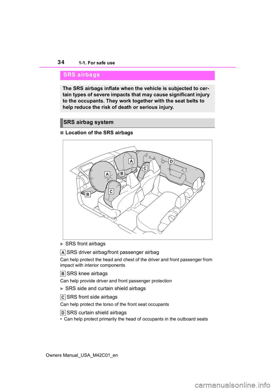 SUBARU SOLTERRA 2023 Owners Guide 341-1. For safe use
Owners Manual_USA_M42C01_en
■Location of the SRS airbags
SRS front airbagsSRS driver airbag/front passenger airbag
Can help protect the head and chest of the driver and front 