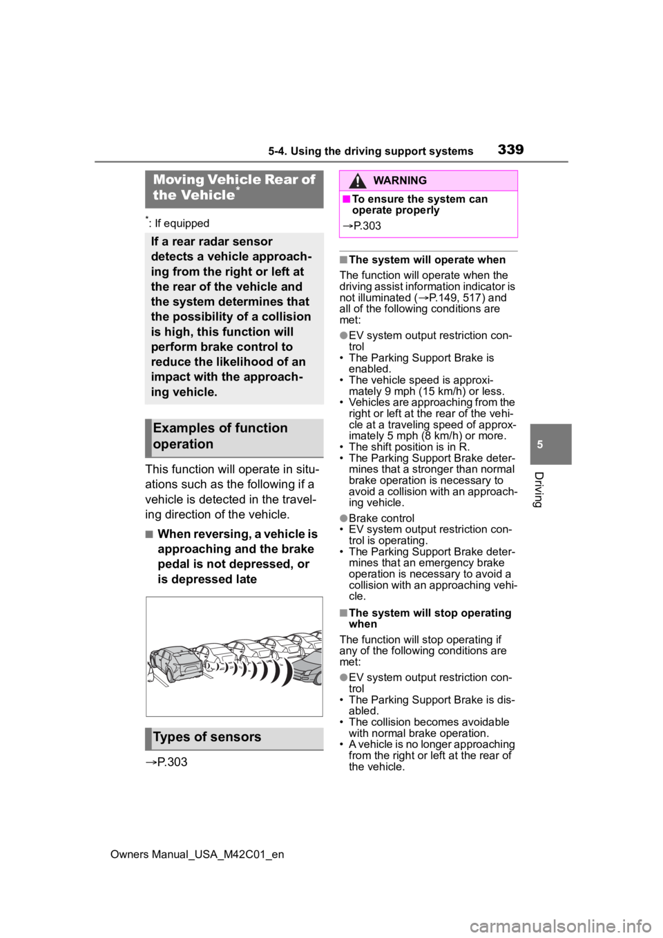 SUBARU SOLTERRA 2023 Owners Manual 3395-4. Using the driving support systems
Owners Manual_USA_M42C01_en
5
Driving
*: If equipped
This function will operate in situ-
ations such as the following if a
vehicle is detected in the travel- SUBARU SOLTERRA 2023 Owners Manual 3395-4. Using the driving support systems
Owners Manual_USA_M42C01_en
5
Driving
*: If equipped
This function will operate in situ-
ations such as the following if a
vehicle is detected in the travel-
