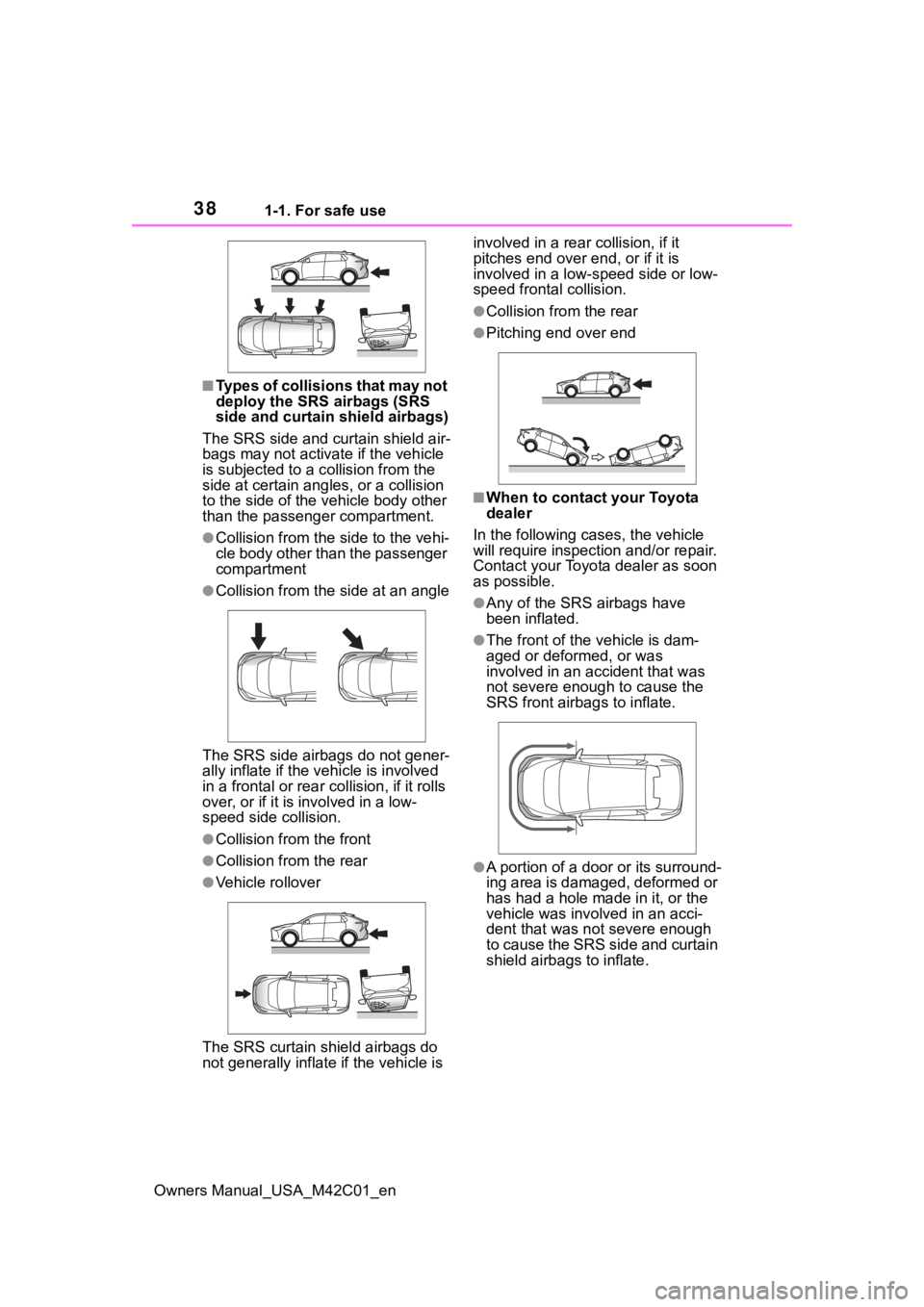 SUBARU SOLTERRA 2023 Owners Guide 381-1. For safe use
Owners Manual_USA_M42C01_en
■Types of collisions that may not 
deploy the SRS airbags (SRS 
side and curtain shield airbags)
The SRS side and curtain shield air-
bags may not act