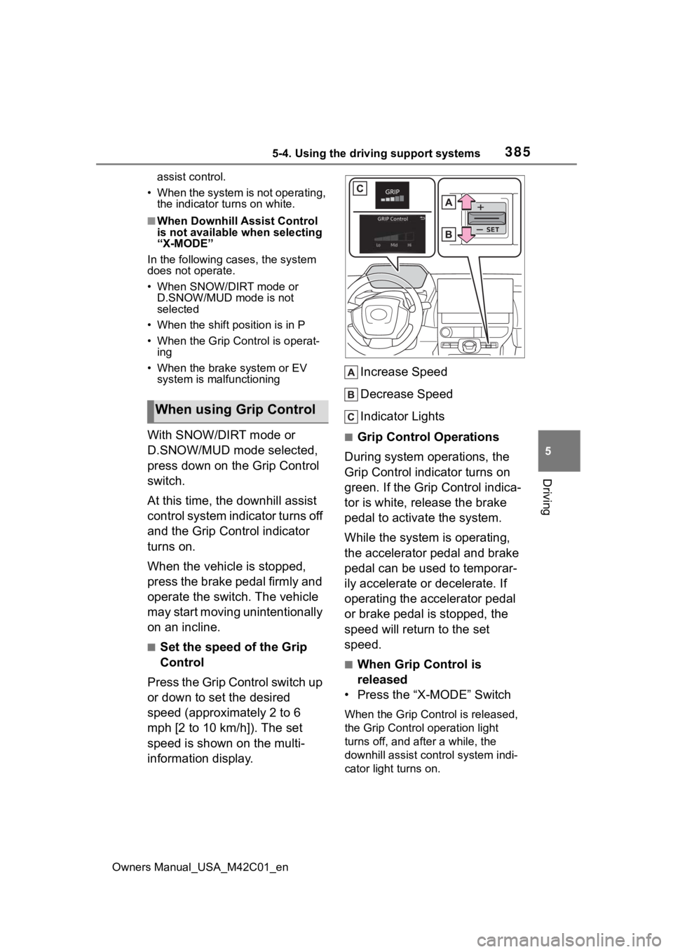 SUBARU SOLTERRA 2023 Owners Manual 3855-4. Using the driving support systems
Owners Manual_USA_M42C01_en
5
Driving
assist control.
• When the system is not operating, the indicator turns on white.
■When Downhill Assist Control
is SUBARU SOLTERRA 2023 Owners Manual 3855-4. Using the driving support systems
Owners Manual_USA_M42C01_en
5
Driving
assist control.
• When the system is not operating, the indicator turns on white.
■When Downhill Assist Control
is