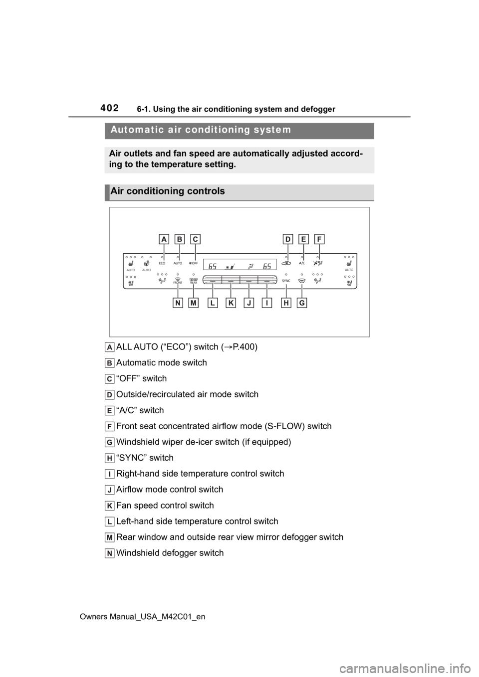 SUBARU SOLTERRA 2023 Owners Manual 4026-1. Using the air conditioning system and defogger
Owners Manual_USA_M42C01_en
ALL AUTO (“ECO”) switch (P.400)
Automatic mode switch
“OFF” switch
Outside/recirculated air mode switch
SUBARU SOLTERRA 2023 Owners Manual 4026-1. Using the air conditioning system and defogger
Owners Manual_USA_M42C01_en
ALL AUTO (“ECO”) switch (P.400)
Automatic mode switch
“OFF” switch
Outside/recirculated air mode switch