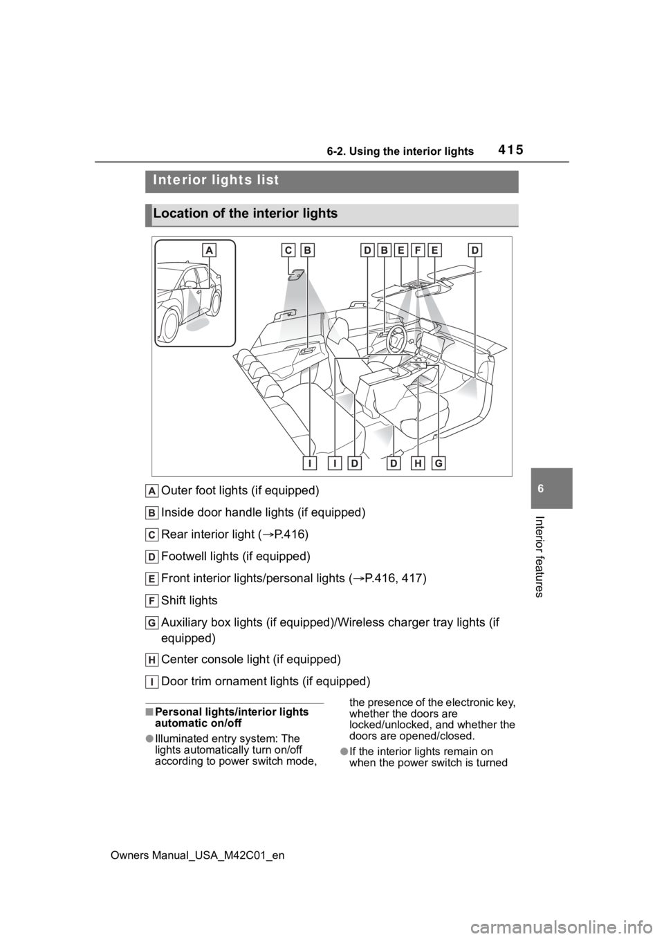 SUBARU SOLTERRA 2023 Owners Manual 4156-2. Using the interior lights
Owners Manual_USA_M42C01_en
6
Interior features
6-2.Using the interior lights
Outer foot lights (if equipped)
Inside door handle lights (if equipped)
Rear interior li SUBARU SOLTERRA 2023 Owners Manual 4156-2. Using the interior lights
Owners Manual_USA_M42C01_en
6
Interior features
6-2.Using the interior lights
Outer foot lights (if equipped)
Inside door handle lights (if equipped)
Rear interior li