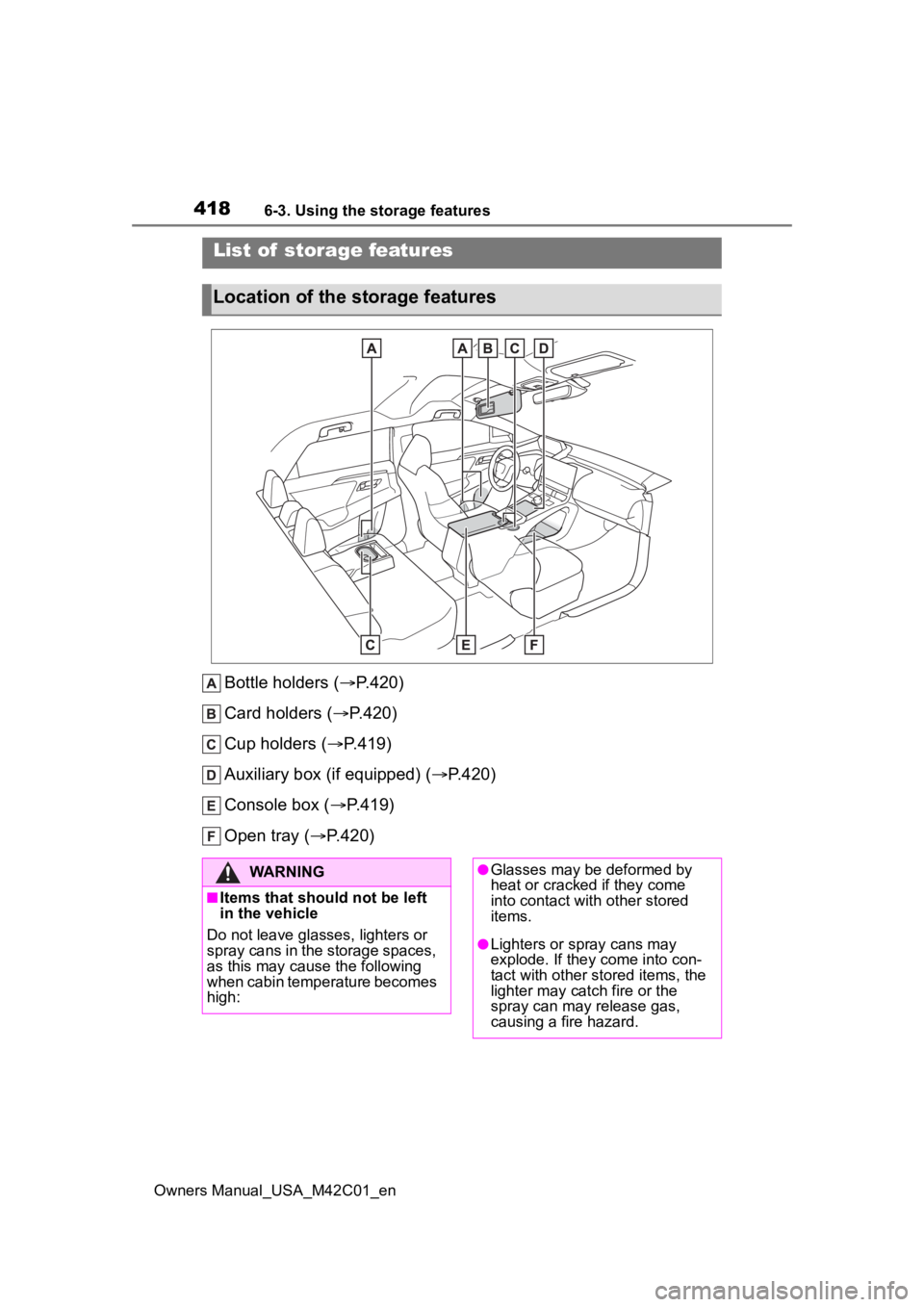 SUBARU SOLTERRA 2023 Owners Manual 4186-3. Using the storage features
Owners Manual_USA_M42C01_en
6-3.Using the storage features
Bottle holders (P.420)
Card holders ( P.420)
Cup holders ( P.419)
Auxiliary box (if equipped) ( SUBARU SOLTERRA 2023 Owners Manual 4186-3. Using the storage features
Owners Manual_USA_M42C01_en
6-3.Using the storage features
Bottle holders (P.420)
Card holders ( P.420)
Cup holders ( P.419)
Auxiliary box (if equipped) (