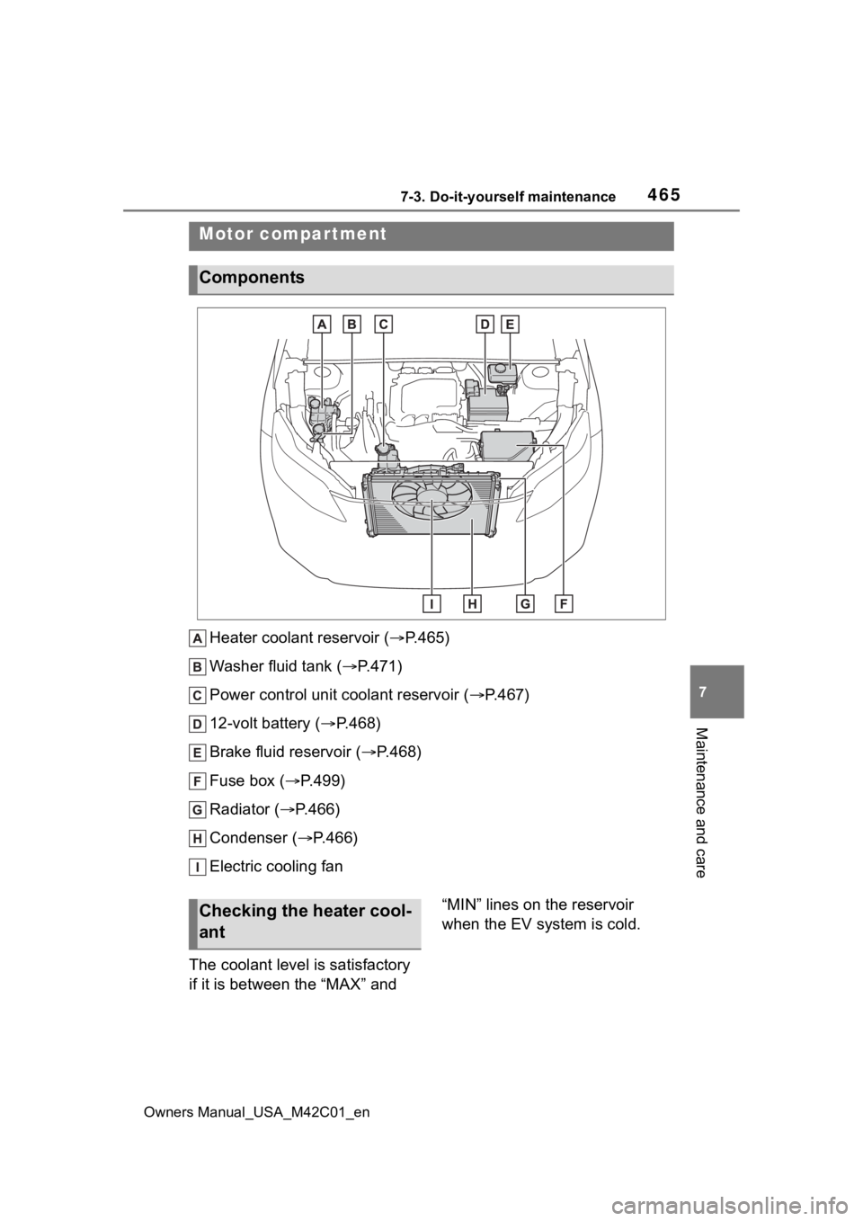 SUBARU SOLTERRA 2023 Owners Manual 4657-3. Do-it-yourself maintenance
Owners Manual_USA_M42C01_en
7
Maintenance and care
Heater coolant reservoir ( P.465)
Washer fluid tank ( P.471)
Power control unit coolant reservoir ( P.467 SUBARU SOLTERRA 2023 Owners Manual 4657-3. Do-it-yourself maintenance
Owners Manual_USA_M42C01_en
7
Maintenance and care
Heater coolant reservoir ( P.465)
Washer fluid tank ( P.471)
Power control unit coolant reservoir ( P.467