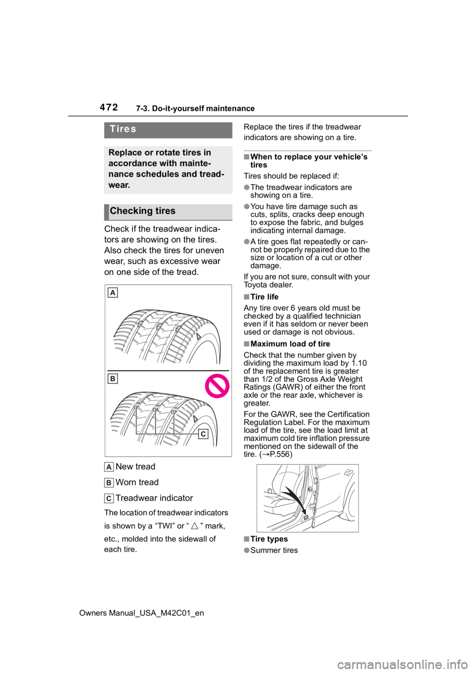 SUBARU SOLTERRA 2023 Owners Manual 4727-3. Do-it-yourself maintenance
Owners Manual_USA_M42C01_en
Check if the treadwear indica-
tors are showing on the tires.
Also check the tires for uneven
wear, such as excessive wear
on one side SUBARU SOLTERRA 2023 Owners Manual 4727-3. Do-it-yourself maintenance
Owners Manual_USA_M42C01_en
Check if the treadwear indica-
tors are showing on the tires.
Also check the tires for uneven
wear, such as excessive wear
on one side