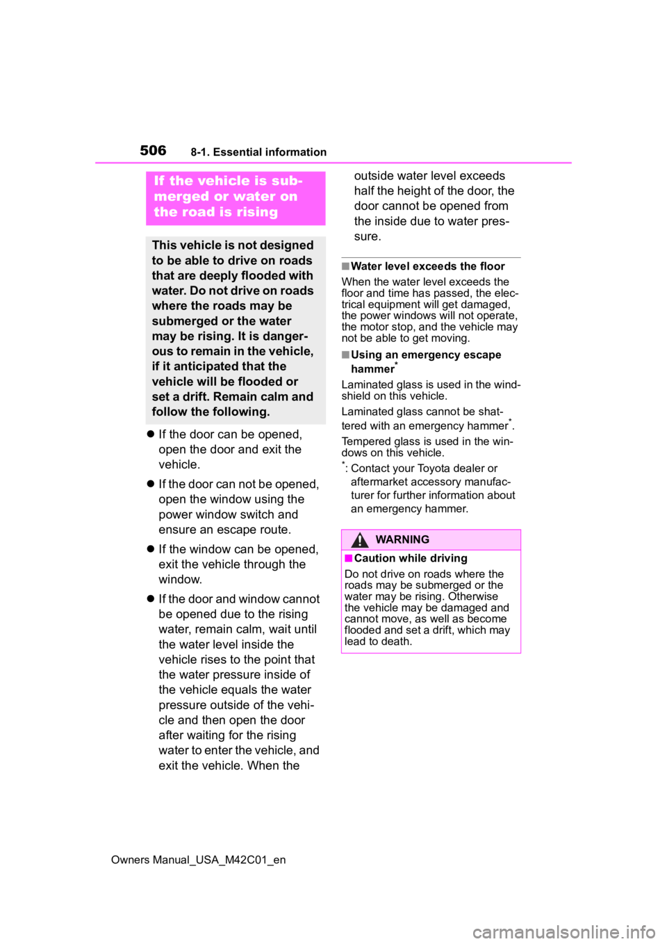 SUBARU SOLTERRA 2023 Owners Manual 5068-1. Essential information
Owners Manual_USA_M42C01_en
If the door can be opened,
open the door and exit the
vehicle.
If the door can not be opened,
open the window using the
power windo SUBARU SOLTERRA 2023 Owners Manual 5068-1. Essential information
Owners Manual_USA_M42C01_en
If the door can be opened,
open the door and exit the
vehicle.
If the door can not be opened,
open the window using the
power windo